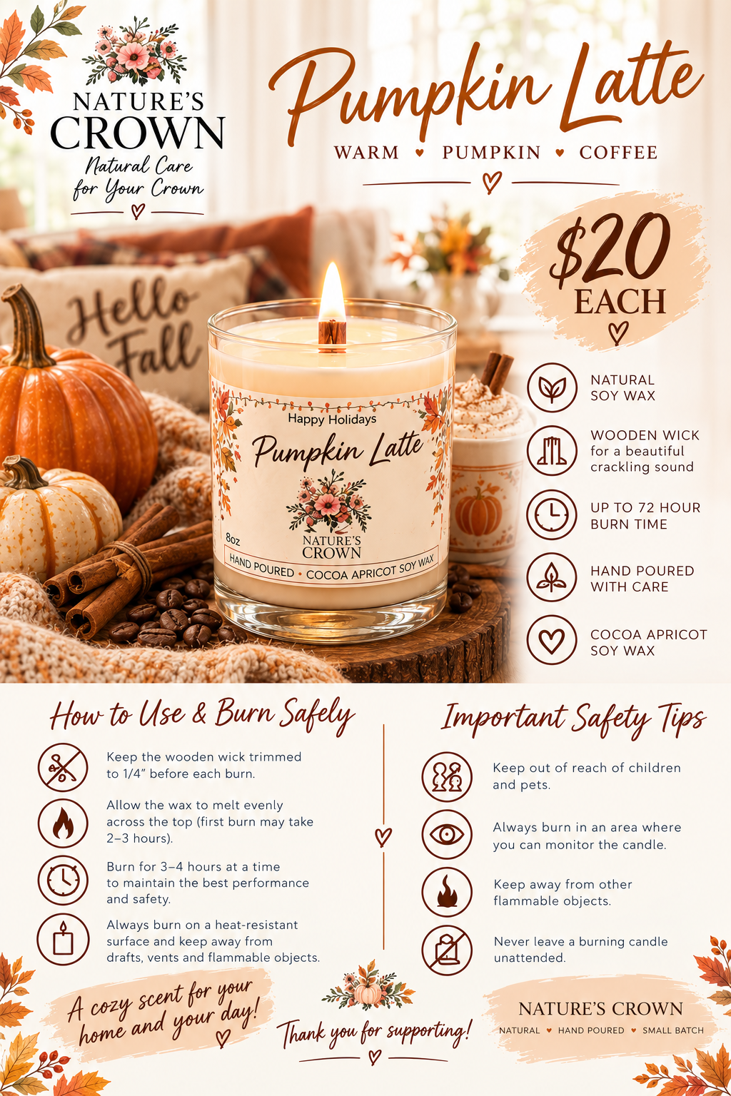 Pumpkin Latte Wooden Wick 12 oz. Soy Candle (Copy)